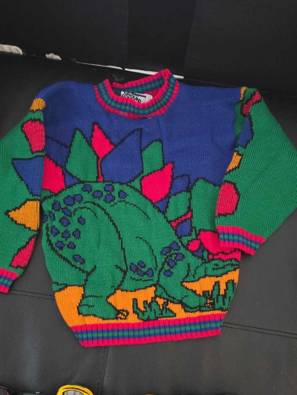 Vintage 90's Kids' Green & Blue Dinosour Crewneck Sweaterl Colorblock Knit 5/6